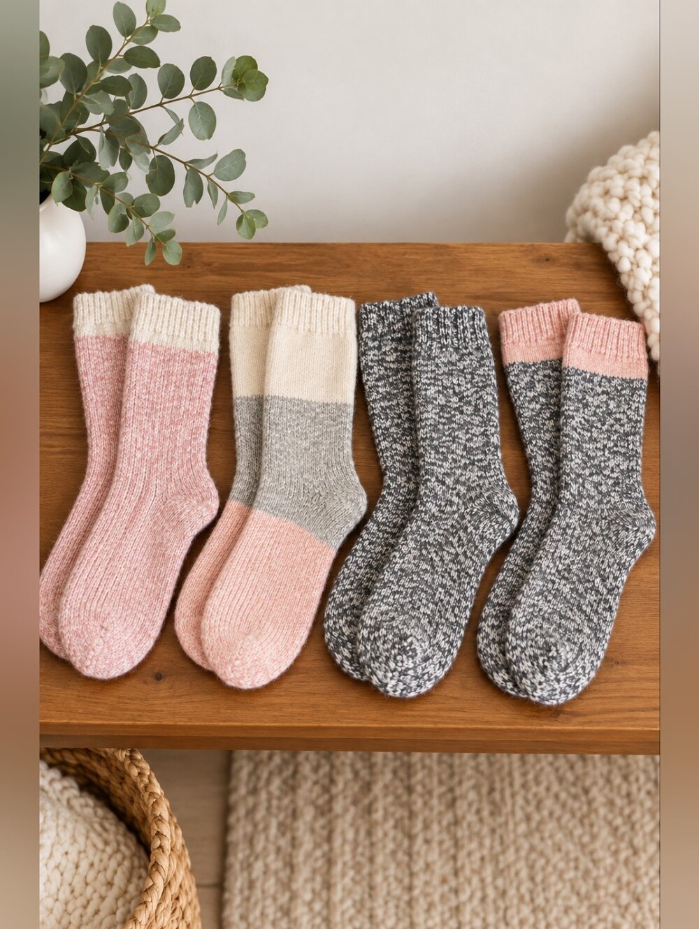4 Pairs Wool Blend Cozy Boot Socks Pink Grey Never Worn
